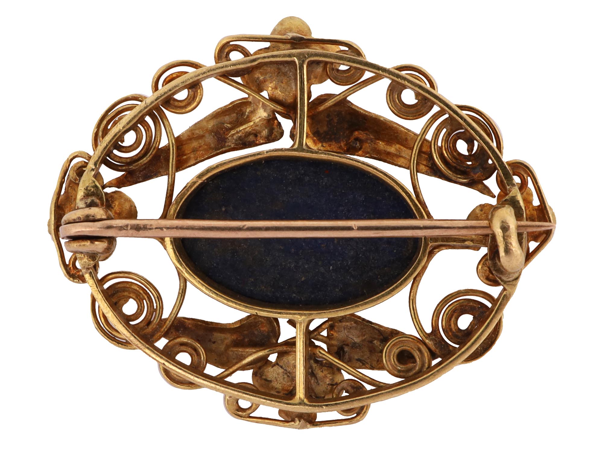 ANTIQUE 14K GOLD FILIGREE AND LAPIS LAZULI BROOCH PIC-1
